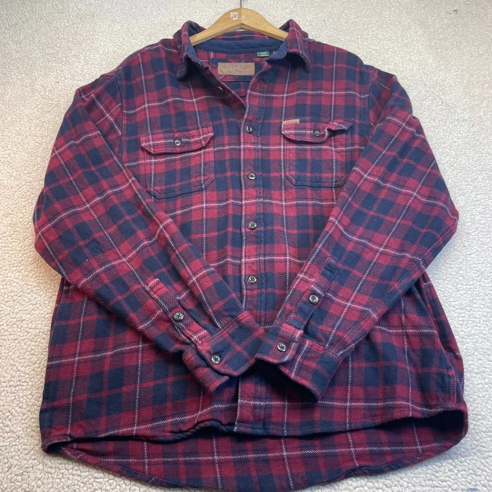 Orvis Shacket Mens XL Red Blue Plaid Fleece Lined Heavyweight Flannel 1312517